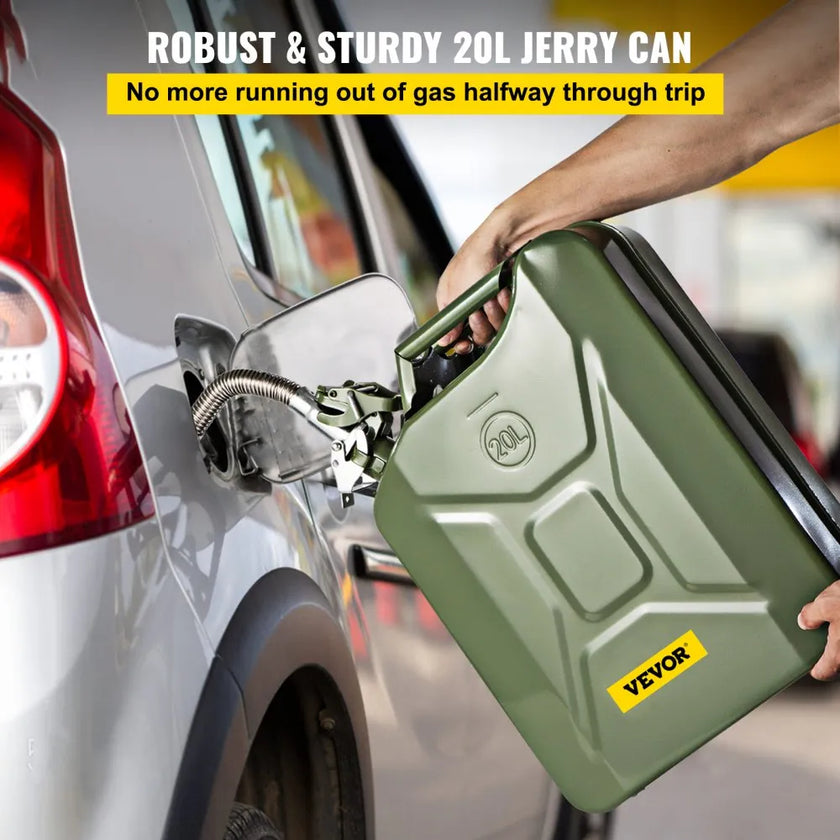 VEVOR Fuel Can, 5.3 Gallon / 20 L Portable Gas Can with Flexible Spout System, Rustproof ＆ Heat-resistant Steel Fuel Tank for Cars Trucks Equipment, Green