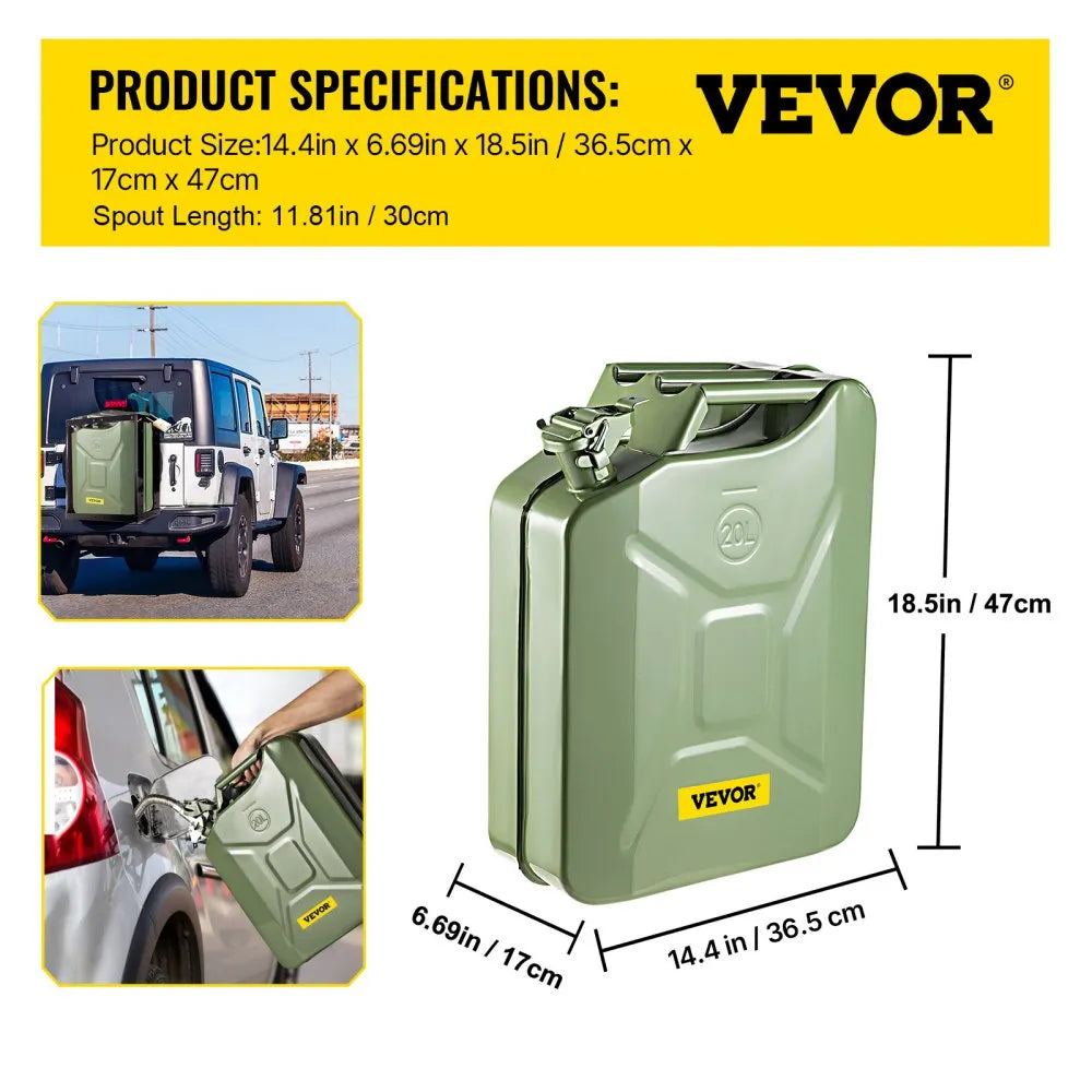 VEVOR Fuel Can, 5.3 Gallon / 20 L Portable Gas Can with Flexible Spout System, Rustproof ＆ Heat-resistant Steel Fuel Tank for Cars Trucks Equipment, Green