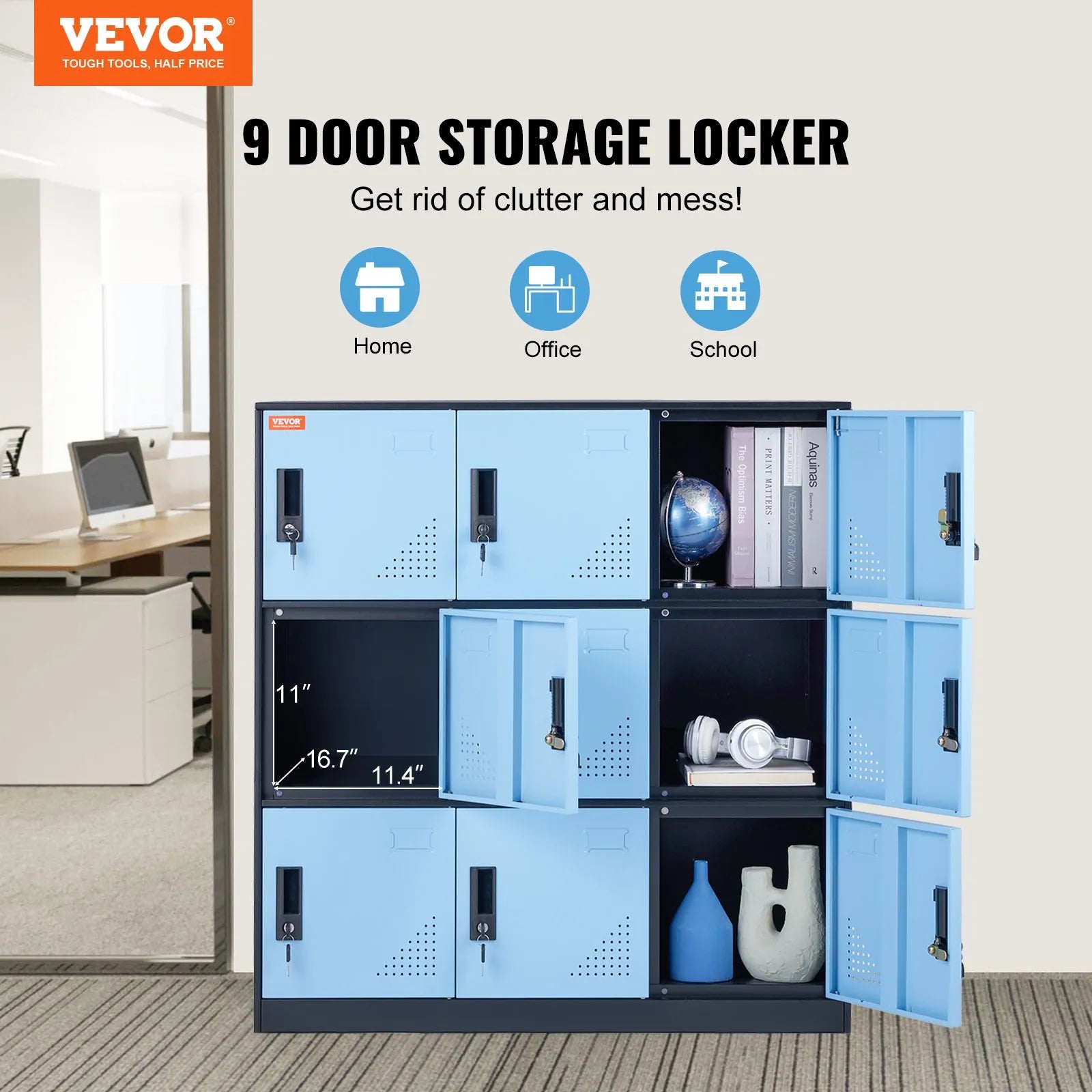 VEVOR Metal Locker for Employees, 9 Doors Storage Cabinet with Card Slot, Employee Lockers with Keys, 66lbs Loading Capacity office Storage Lockers for Office, Home, School, Gym, Black