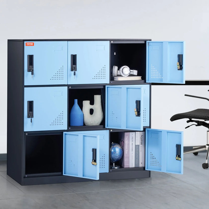 VEVOR Metal Locker for Employees, 9 Doors Storage Cabinet with Card Slot, Employee Lockers with Keys, 66lbs Loading Capacity office Storage Lockers for Office, Home, School, Gym, Black