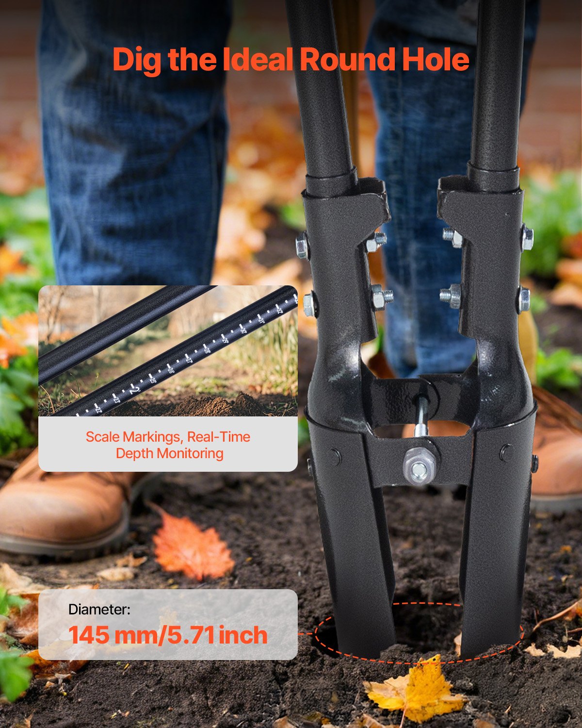 VEVOR Post Hole Digger with Carbon Steel Handle Scale Marks 57.5