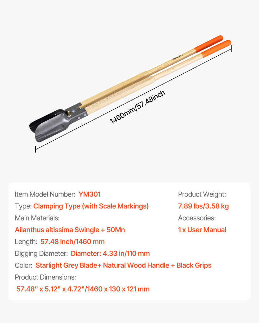VEVOR Post Hole Digger with Wood Handle and Scale Markings 57.5