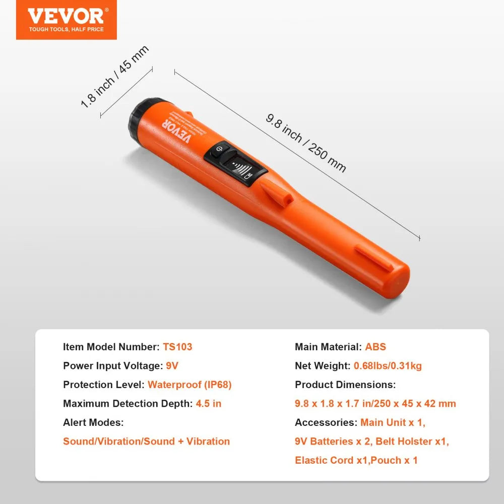 VEVOR Metal Detector Pinpointer, IP68 Fully Waterproof Handheld Pin Pointer Wand, 4.5