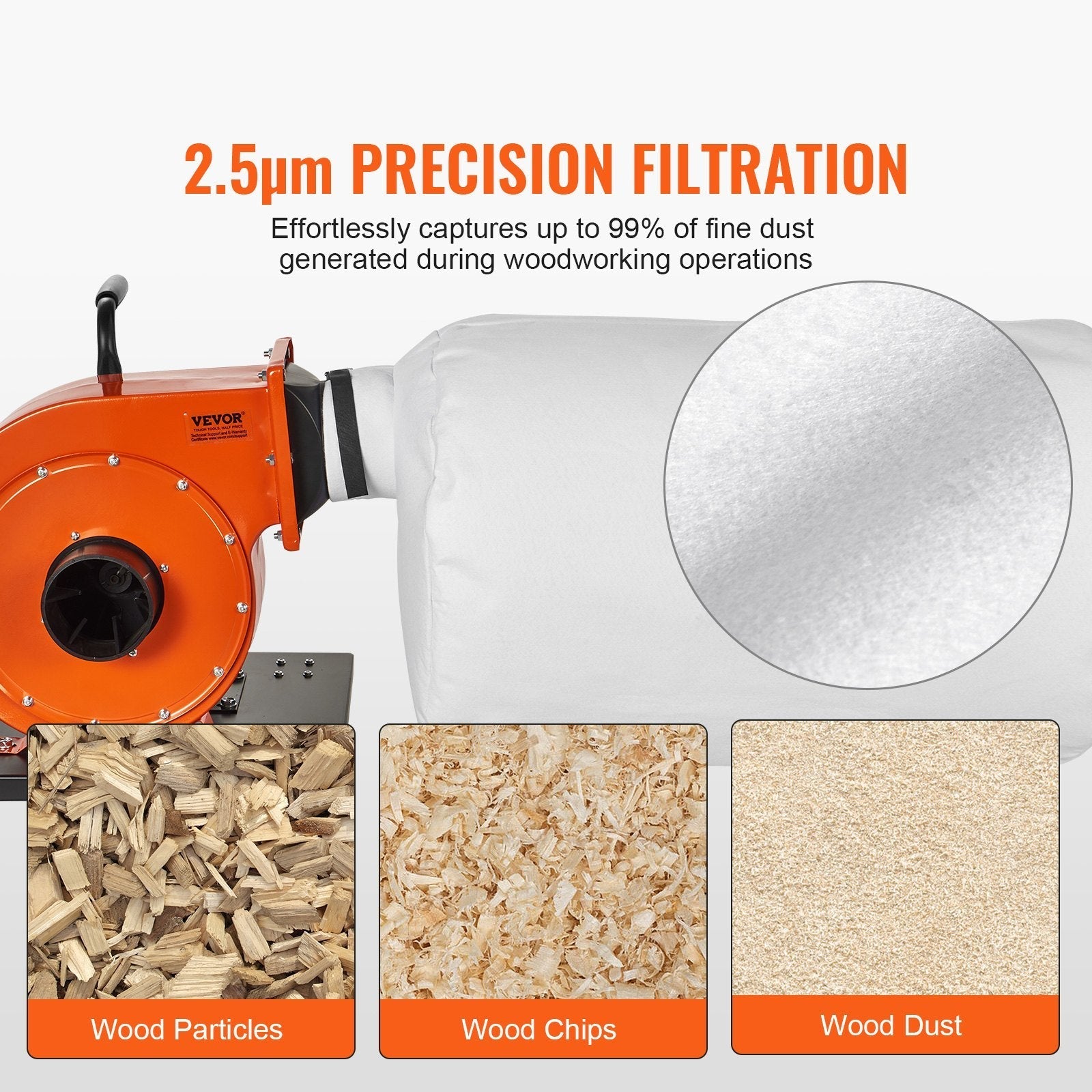 VEVOR Dust Collector, 1HP 537 CFM Air Flow, Rolling Dust Collector with 21-Gallon Dust Collection Bag, 2.5 Micron Bag Filtration, Industrial Workshop Mobile Wood Dust Container with Handle and Wheels