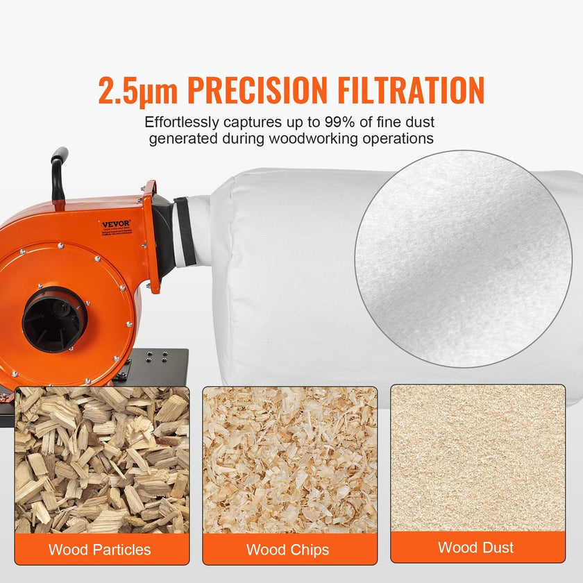 VEVOR Dust Collector, 1HP 537 CFM Air Flow, Rolling Dust Collector with 21-Gallon Dust Collection Bag, 2.5 Micron Bag Filtration, Industrial Workshop Mobile Wood Dust Container with Handle and Wheels
