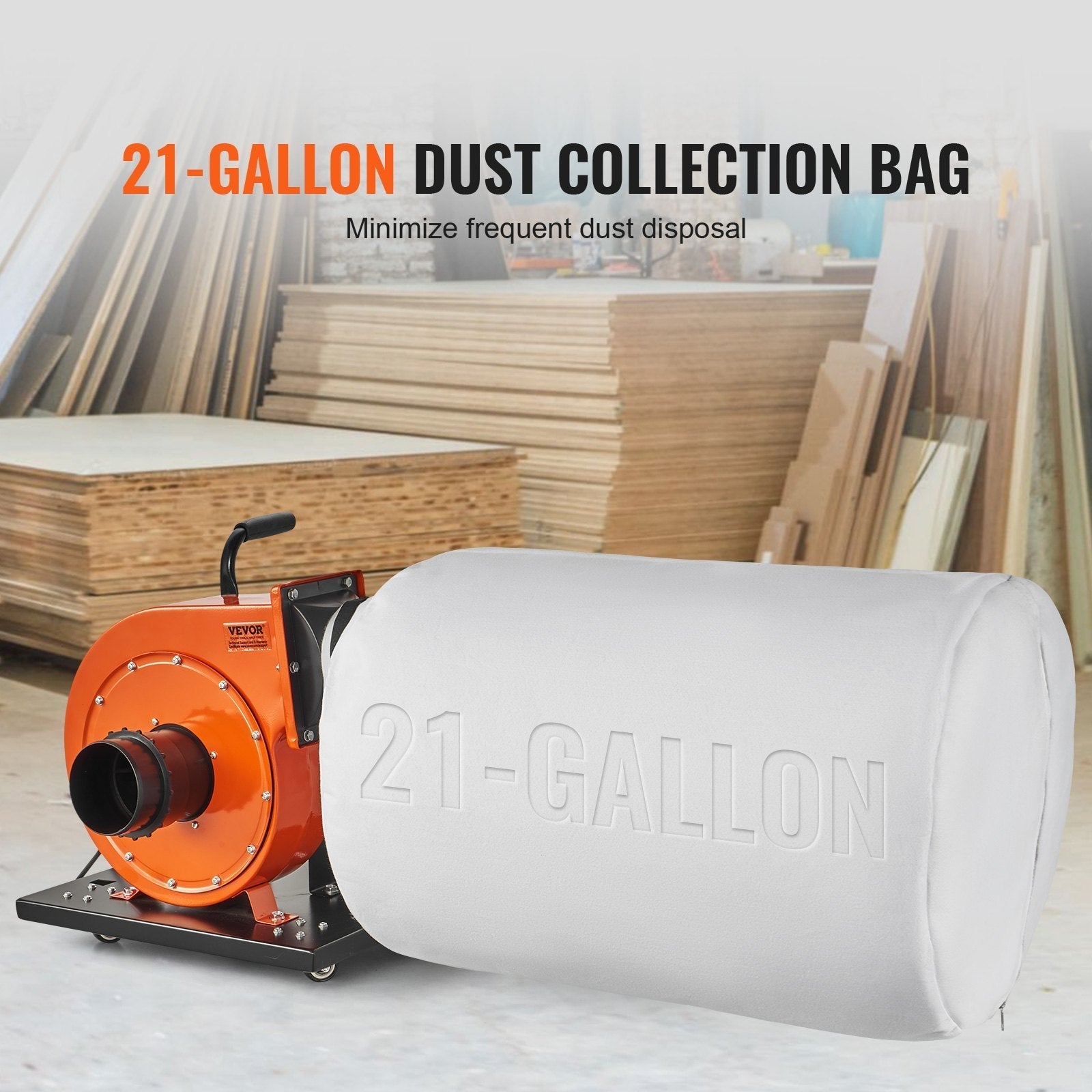 VEVOR Dust Collector, 1HP 537 CFM Air Flow, Rolling Dust Collector with 21-Gallon Dust Collection Bag, 2.5 Micron Bag Filtration, Industrial Workshop Mobile Wood Dust Container with Handle and Wheels