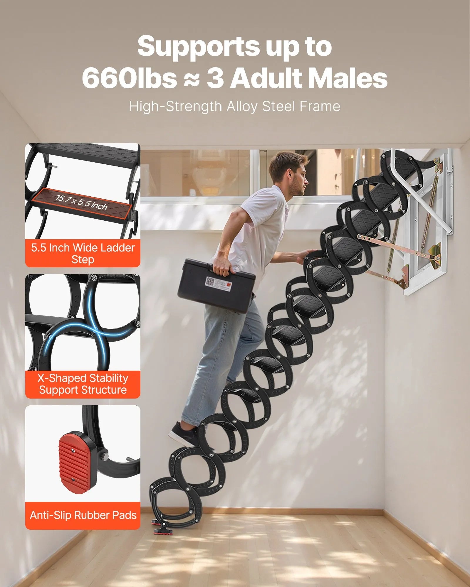VEVOR Attic Ladder Wall-Mounted 660LBS/299.4KG Capacity for 9.5-10 ft Ceilings