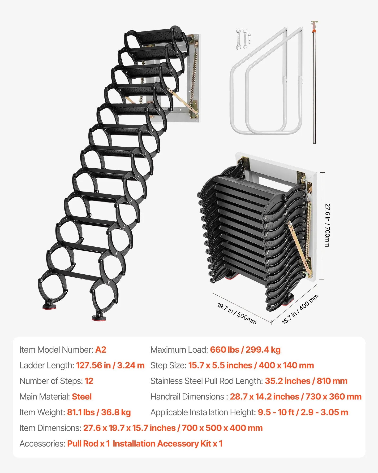 VEVOR Attic Ladder Wall-Mounted 660LBS/299.4KG Capacity for 9.5-10 ft Ceilings