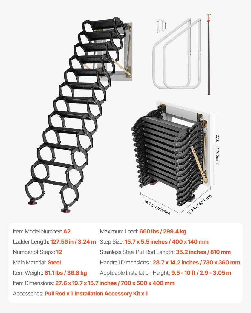 VEVOR Attic Ladder Wall-Mounted 660LBS/299.4KG Capacity for 9.5-10 ft Ceilings