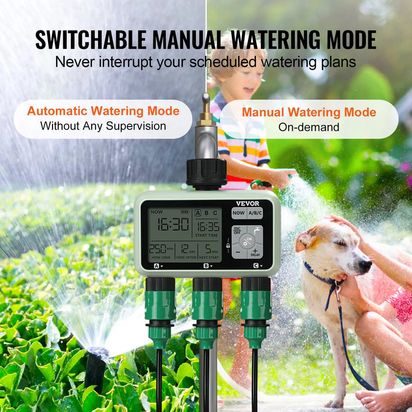 VEVOR Water Timer 3 Outlets Hose Watering Sprinkler Timer LCD Rain Delay Mode