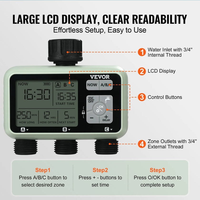 VEVOR Water Timer 3 Outlets Hose Watering Sprinkler Timer LCD Rain Delay Mode
