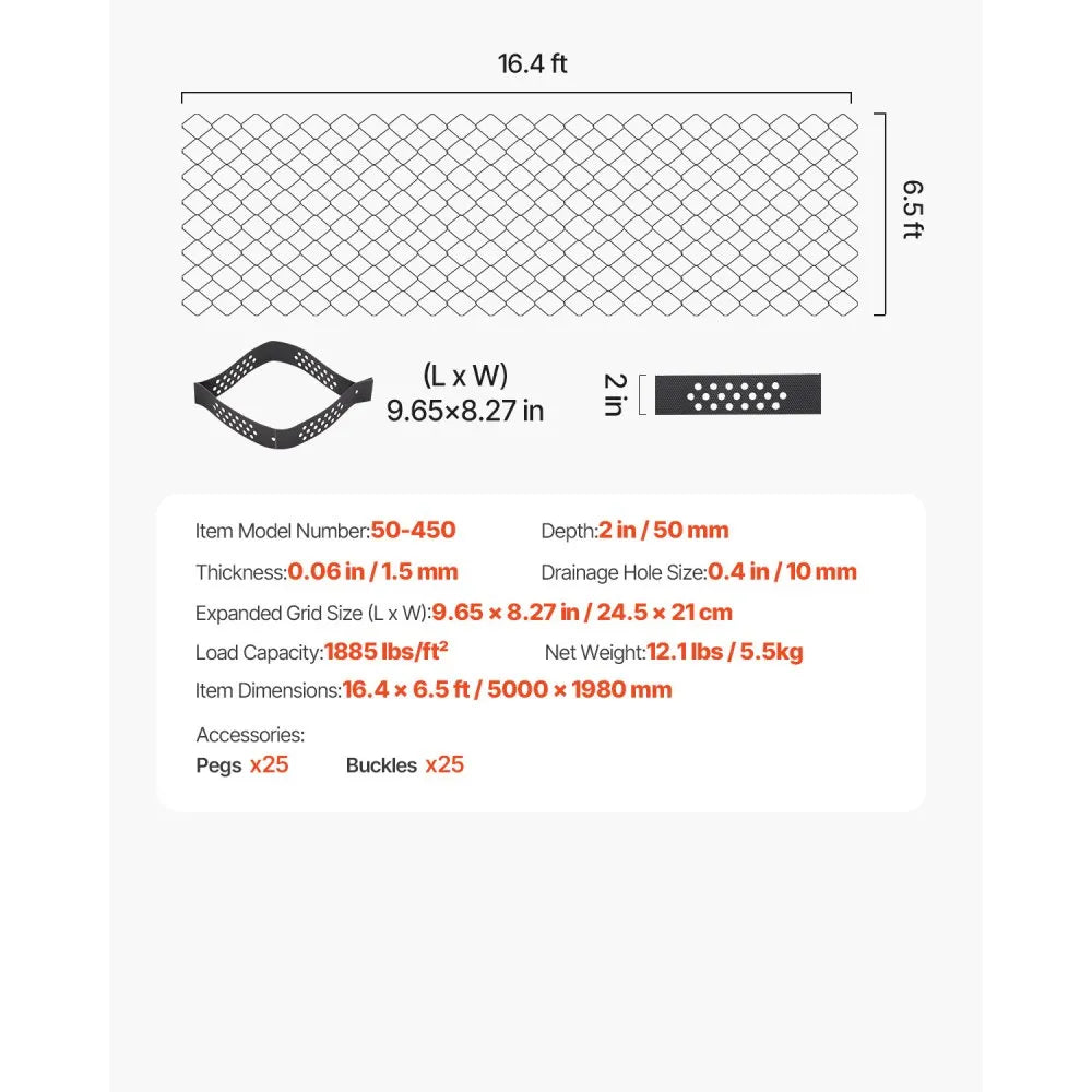 VEVOR Ground Grid 2-Inch Depth Geocell Grid 16.4x6.5FT / 5000x1980mm for Gravel