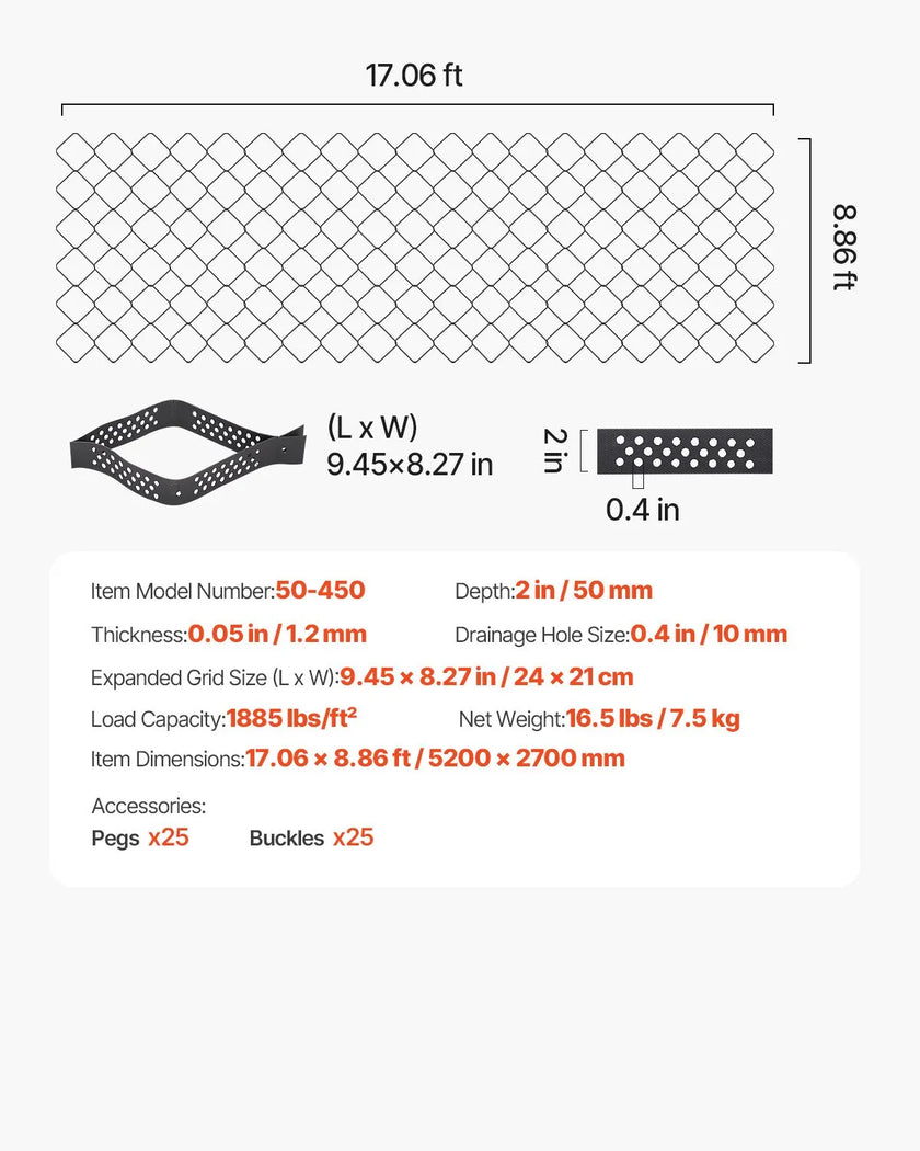 VEVOR Ground Grid 2-Inch Deep Geocell Grid 17.06x8.86FT / 5200x2700mm for Gravel