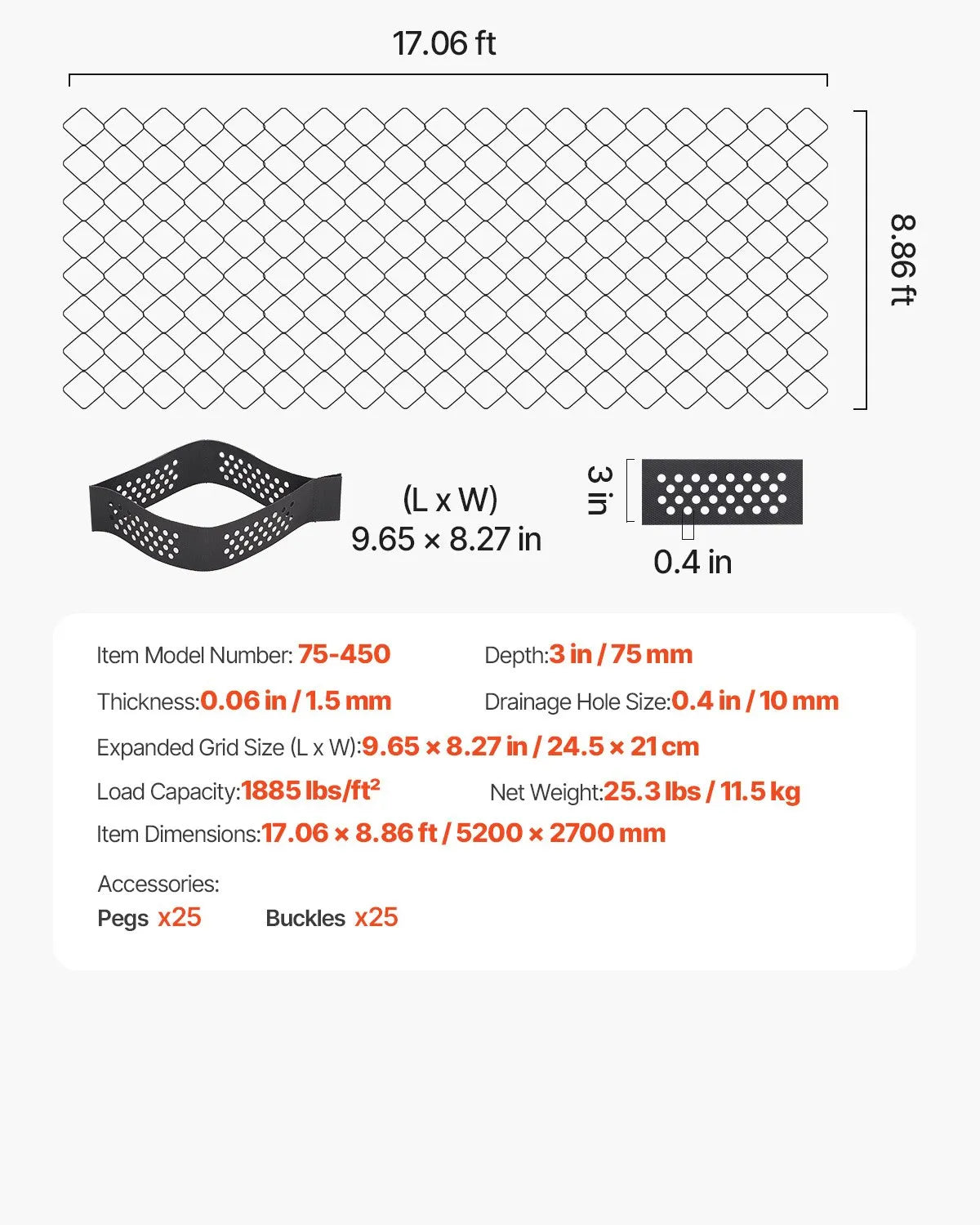 VEVOR Ground Grid 3-Inch Deep Geocell Grid 17.06x8.86FT / 5200x2700mm for Gravel