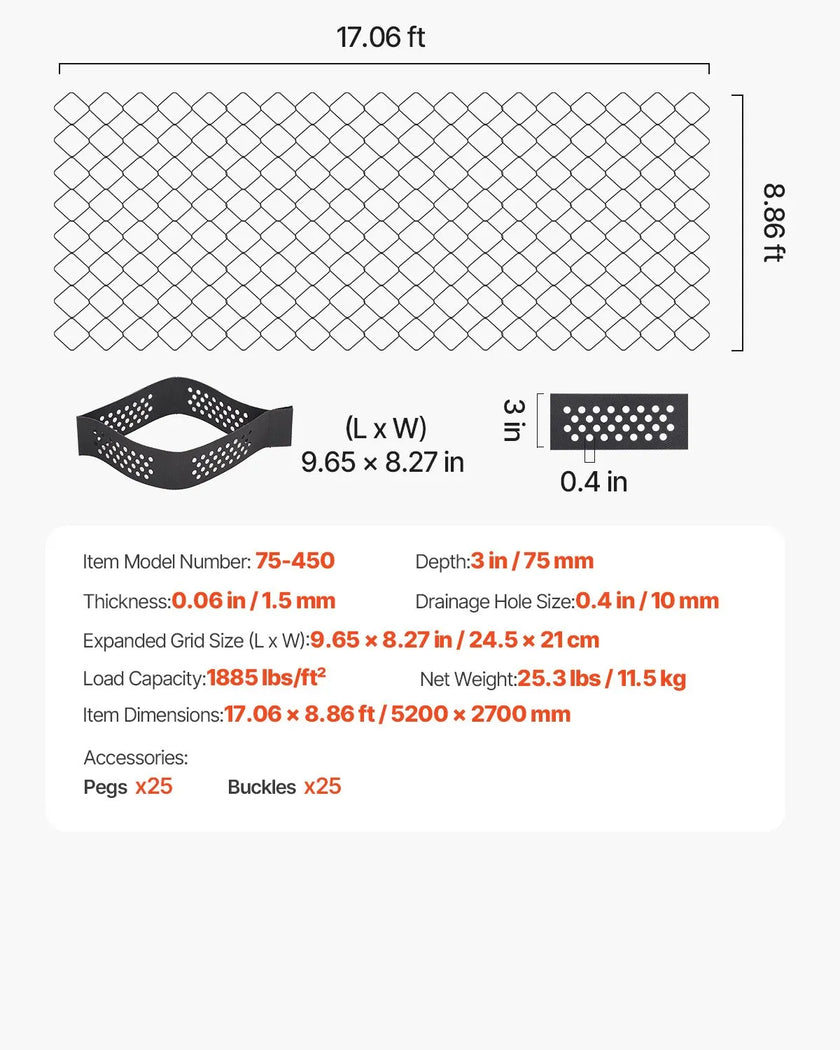 VEVOR Ground Grid 3-Inch Deep Geocell Grid 17.06x8.86FT / 5200x2700mm for Gravel