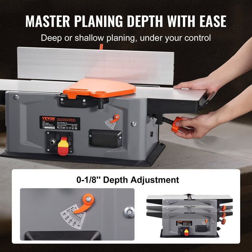 VEVOR Spiral Benchtop Jointer, 8-Inch, 2HP 10000 RPM Bench Top Wood Jointer, 18-Blade Spiral Cutterhead with Extendable Arm up to 6.5'' and 8x42.3'' Worktable 0-1/8'' Adjustable Depth, for Woodworking