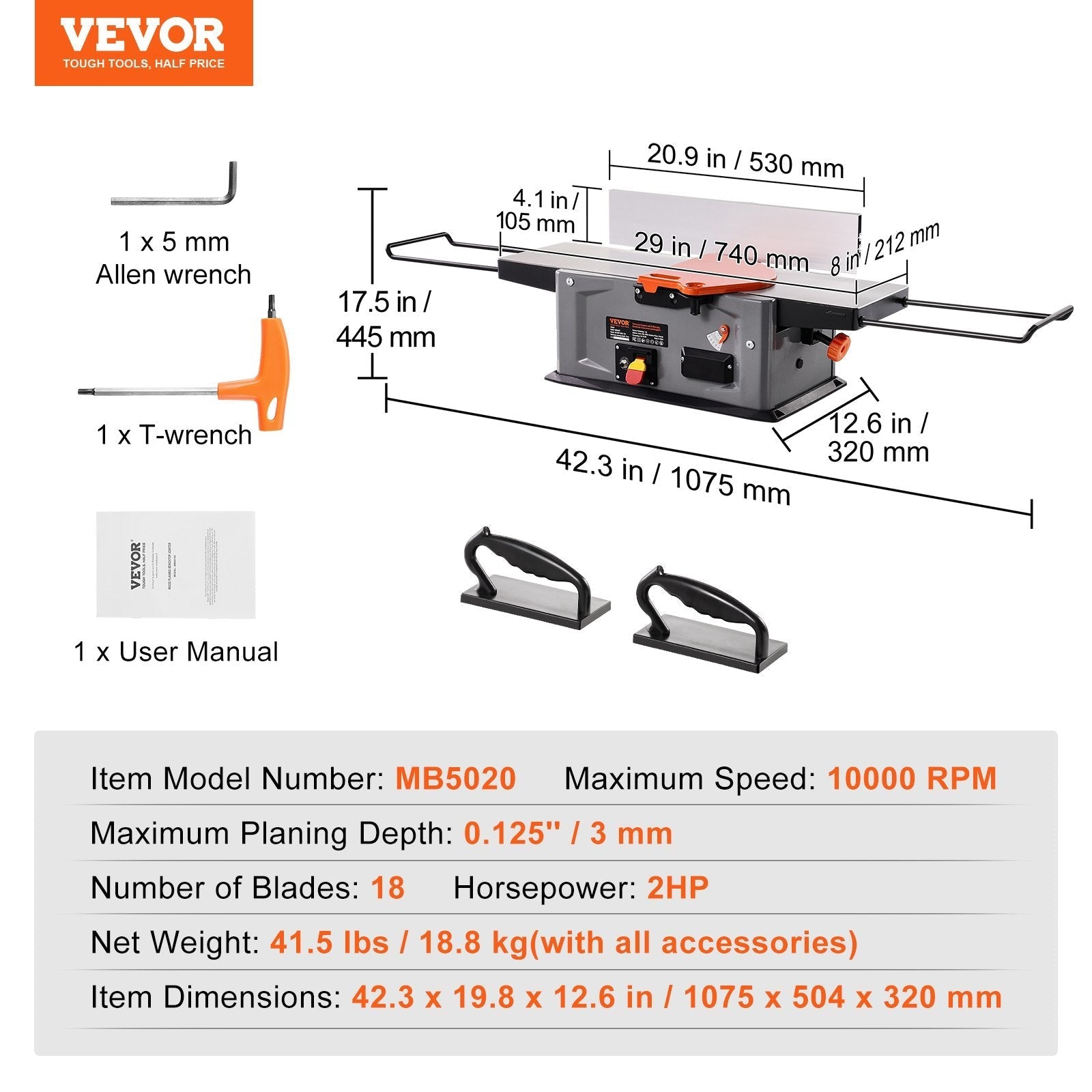 VEVOR Spiral Benchtop Jointer, 8-Inch, 2HP 10000 RPM Bench Top Wood Jointer, 18-Blade Spiral Cutterhead with Extendable Arm up to 6.5'' and 8x42.3'' Worktable 0-1/8'' Adjustable Depth, for Woodworking