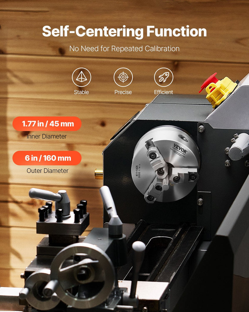 VEVOR 6 in 3-Jaw Self-Centering Lathe Chuck 1 1/2 in-8 Threaded Backing Plate