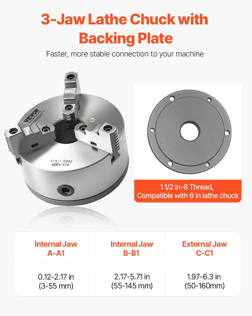 VEVOR 6 in 3-Jaw Self-Centering Lathe Chuck 1 1/2 in-8 Threaded Backing Plate
