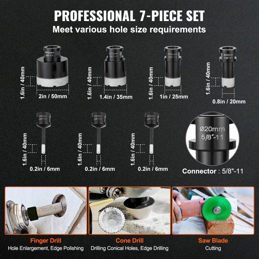 VEVOR Diamond Core Drill Bit Set, 7 PCS 6/6/6/20/25/35/50mm Diamond Hole Saw Kit, with Finger Milling Bit Cone Bit Saw Blade and  Storage Case for Dry and Wet, Diamond Drill Bits for Tile Ceramic