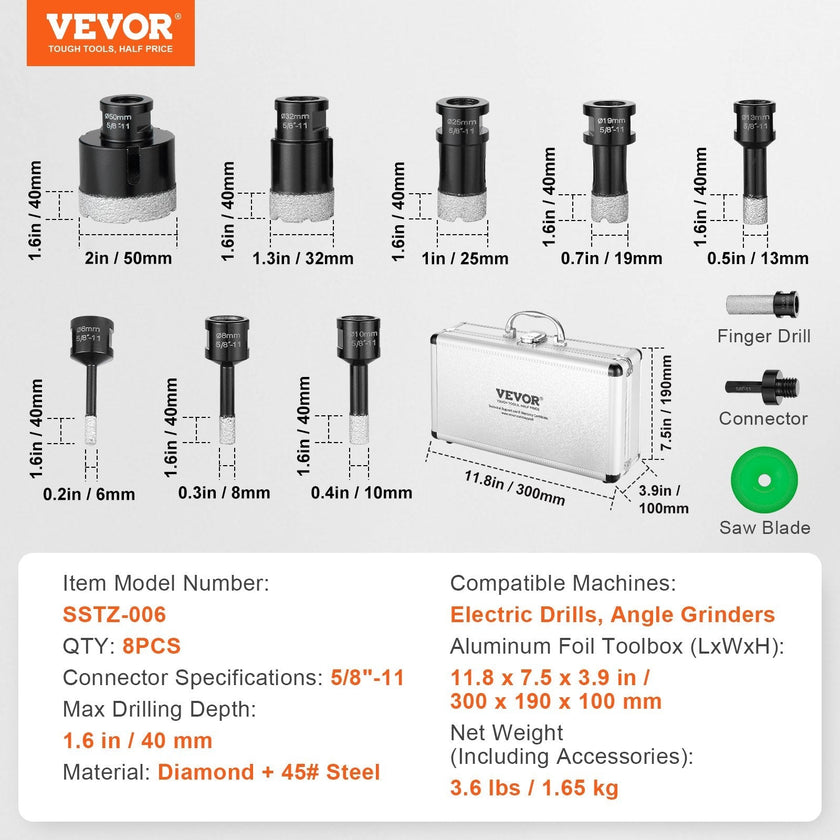 VEVOR Diamond Core Drill Bit Set, 8 PCS 6/8/10/13/19/25/32/50mm Diamond Hole Saw Kit, with Finger Milling Bit Saw Blade and Storage Case for Dry and Wet, Diamond Drill Bits for Tile Ceramic