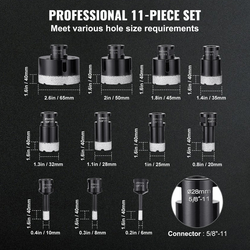 VEVOR Diamond Core Drill Bit Set, 11 PCS 6/8/10/20/25/28/32/35/45/50/65mm Diamond Hole Saw Kit, with 5/8