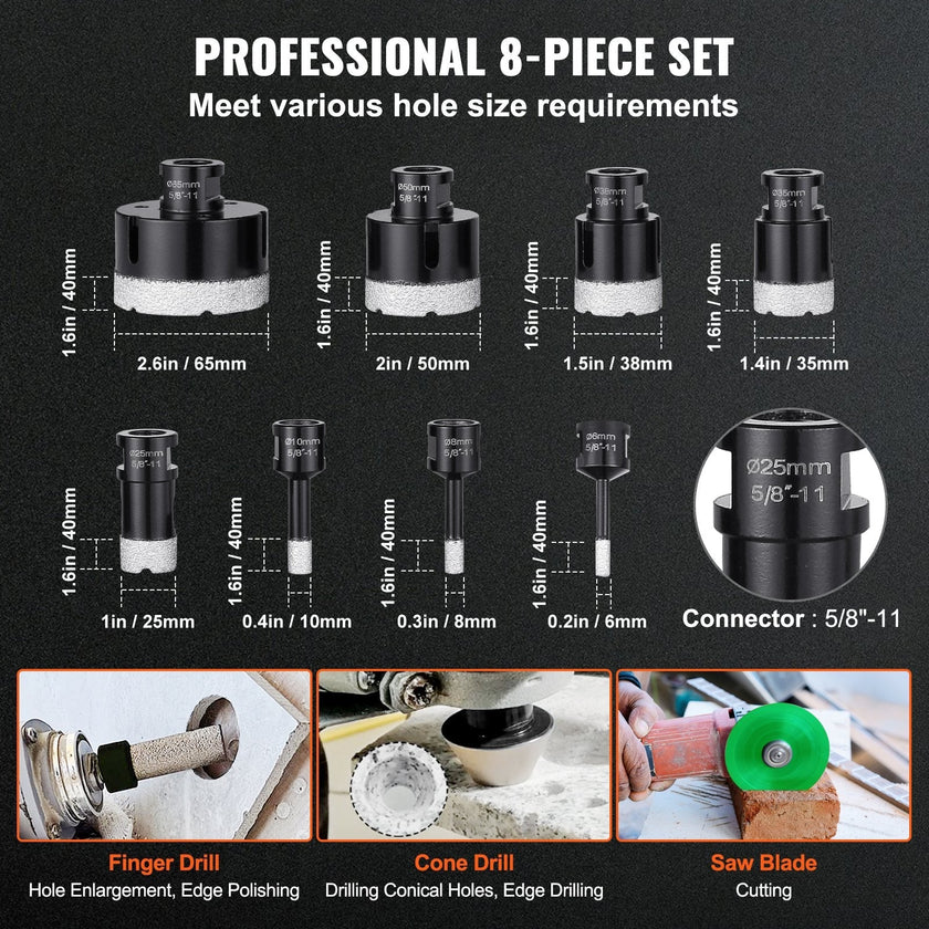 VEVOR Diamond Core Drill Bit Set, 8 PCS 6/8/10/25/35/38/50/65mm Diamond Hole Saw Kit, with Finger Milling Bit Cone Bit Saw Blade and Storage Case for Dry and Wet, Diamond Drill Bits for Tile Ceramic