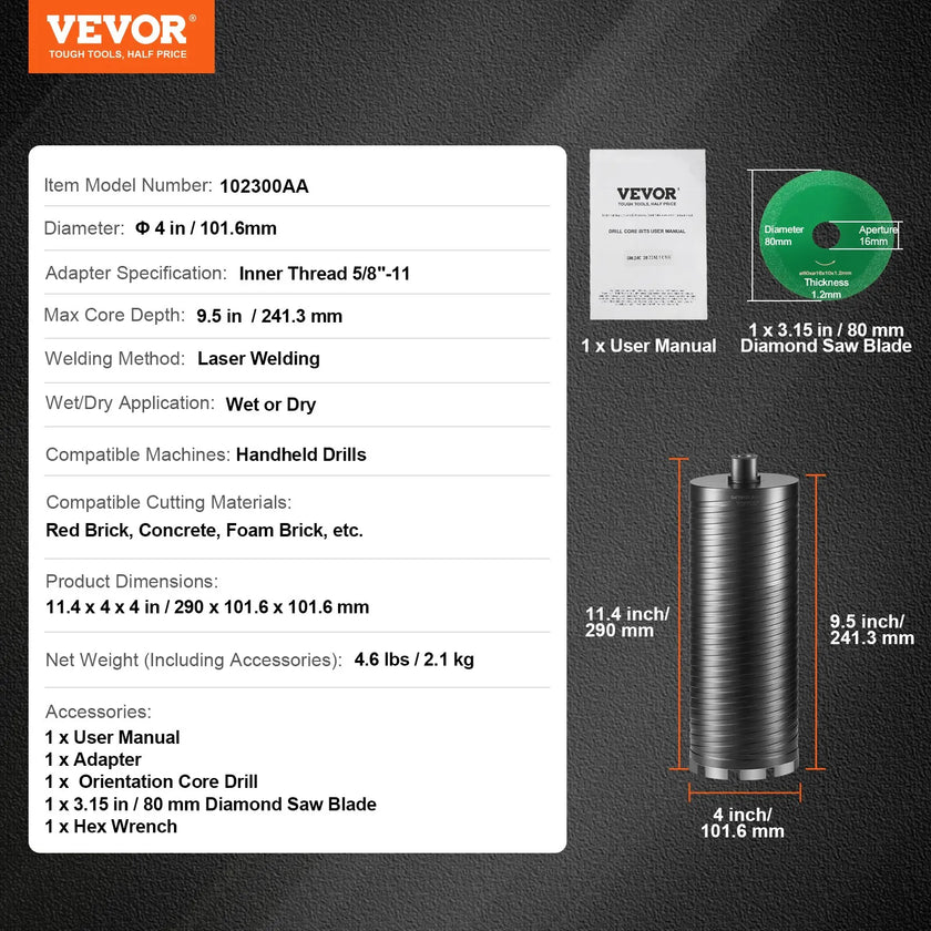 VEVOR Core Drill Bit, 4