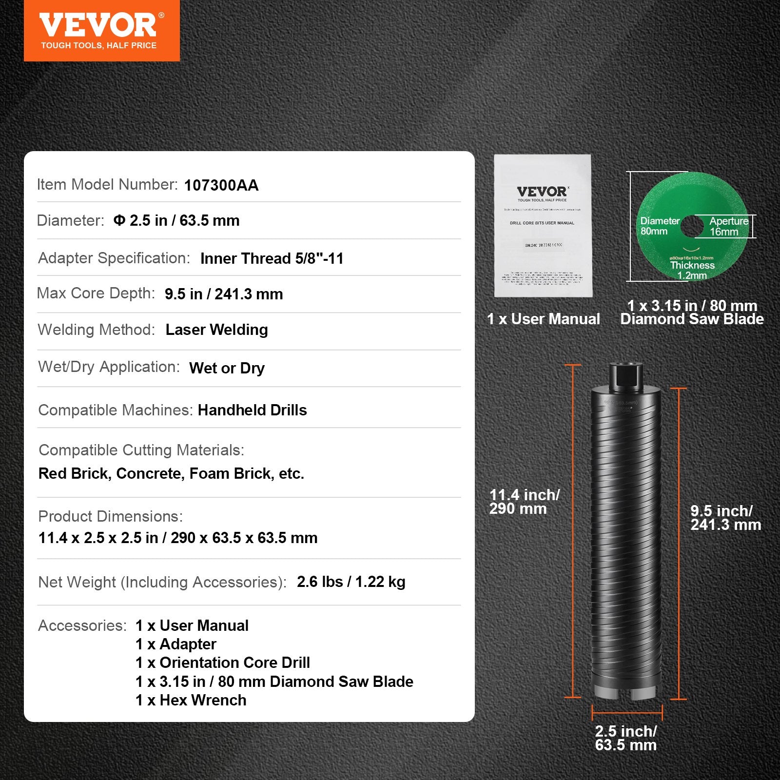 VEVOR Core Drill Bit, 2.5