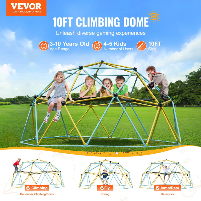 VEVOR Climbing Dome, 10FT Geometric Dome Climber with Hammock and Swing, for Kids 3 to 10 Years Old, Jungle Gym Supports 750LBS and Easy Assembly, with Climbing Grip, Outdoor Backyard Play Equipment