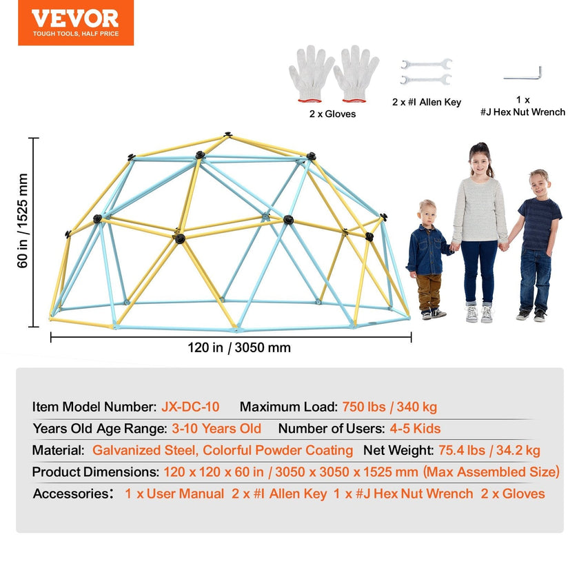 VEVOR Climbing Dome, 10FT Geometric Dome Climber Play Center for Kids 3 to 10 Years Old, Jungle Gym Supports 750LBS and Easy Assembly, with Climbing Grip, Outdoor Backyard Play Equipment for Kids