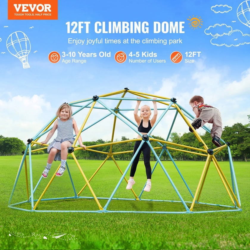 VEVOR Climbing Dome, 12FT Geometric Dome Climber Play Center for Kids 3 to 10 Years Old, Jungle Gym Supports 750LBS and Easy Assembly, with Climbing Grip, Outdoor Backyard Play Equipment for Kids