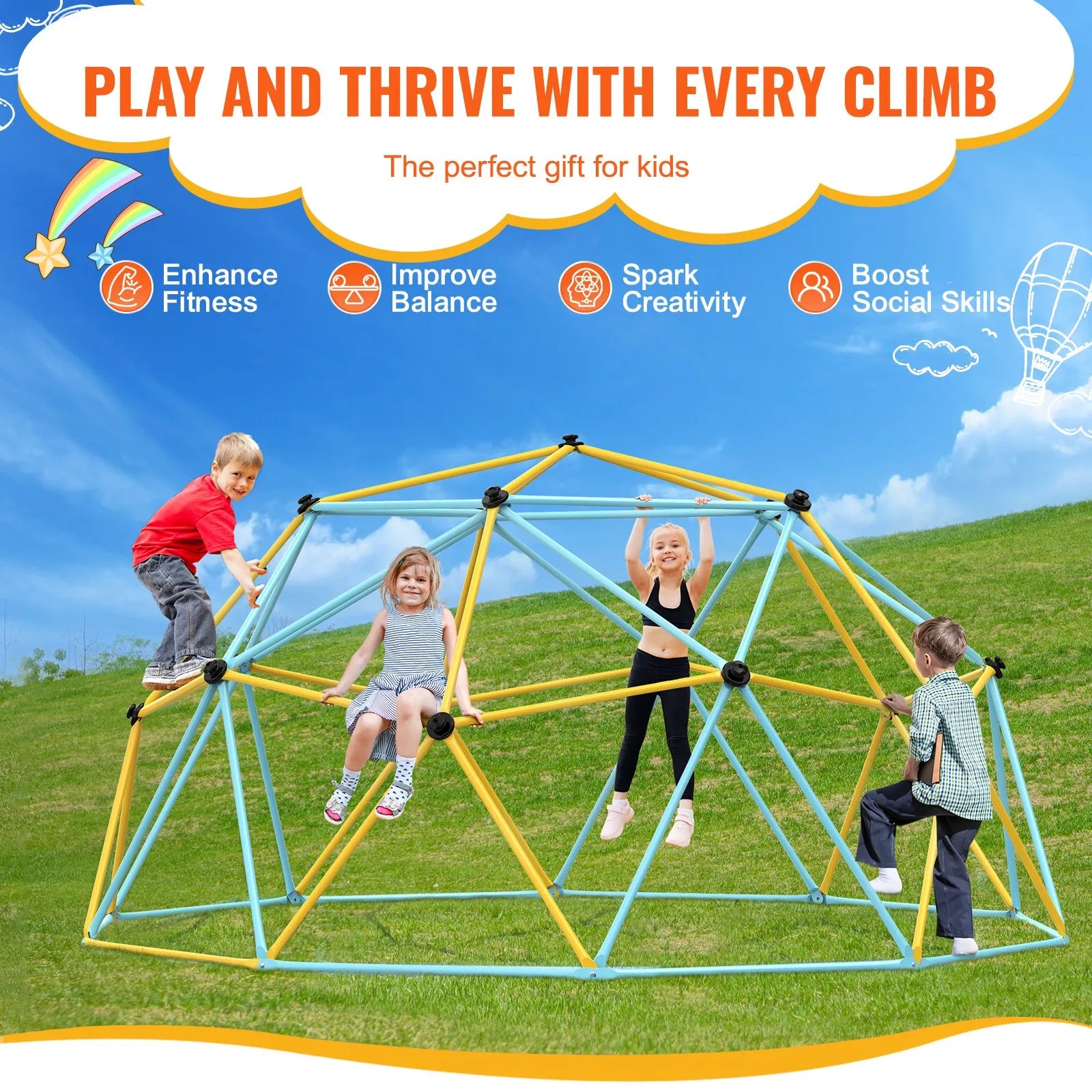 VEVOR Climbing Dome, 12FT Geometric Dome Climber Play Center for Kids 3 to 10 Years Old, Jungle Gym Supports 750LBS and Easy Assembly, with Climbing Grip, Outdoor Backyard Play Equipment for Kids