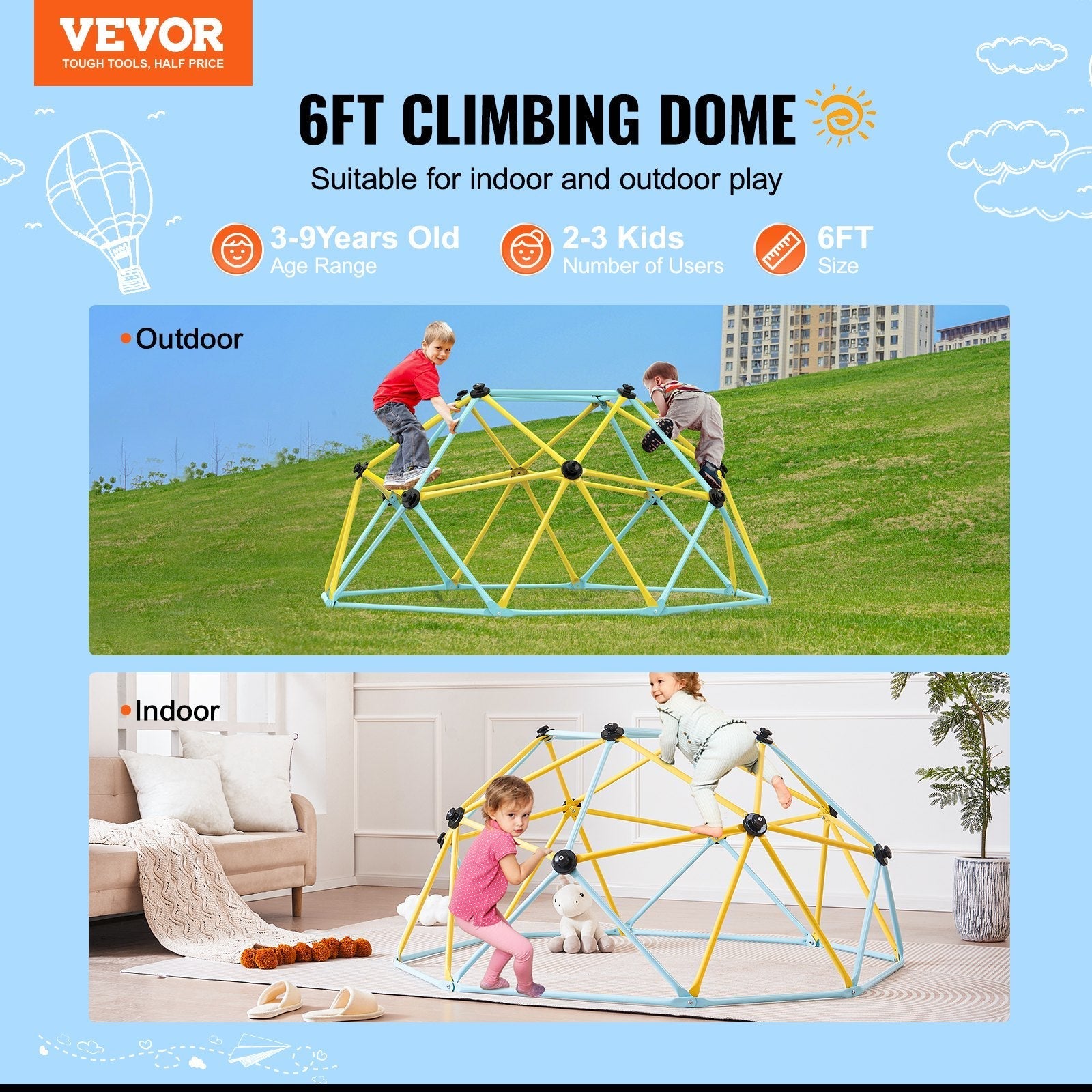 VEVOR Climbing Dome, 6FT Geometric Dome Climber Play Center for Kids 3 to 9 Years Old, Jungle Gym Supports 600LBS and Easy Assembly, with Climbing Grip, Outdoor and Indoor Play Equipment for Kids