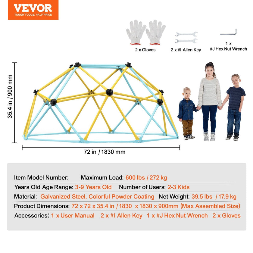 VEVOR Climbing Dome, 6FT Geometric Dome Climber Play Center for Kids 3 to 9 Years Old, Jungle Gym Supports 600LBS and Easy Assembly, with Climbing Grip, Outdoor and Indoor Play Equipment for Kids
