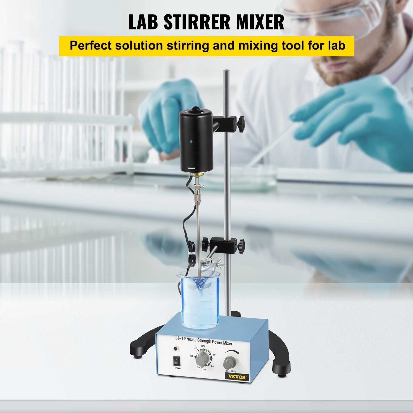 VEVOR Electric Overhead Stirrer Mixer 0-2000 RPM Overhead Stirrer Mixer 100W Overhead Stirrer 0-120 Minutes for Lab Mechanical Mixer