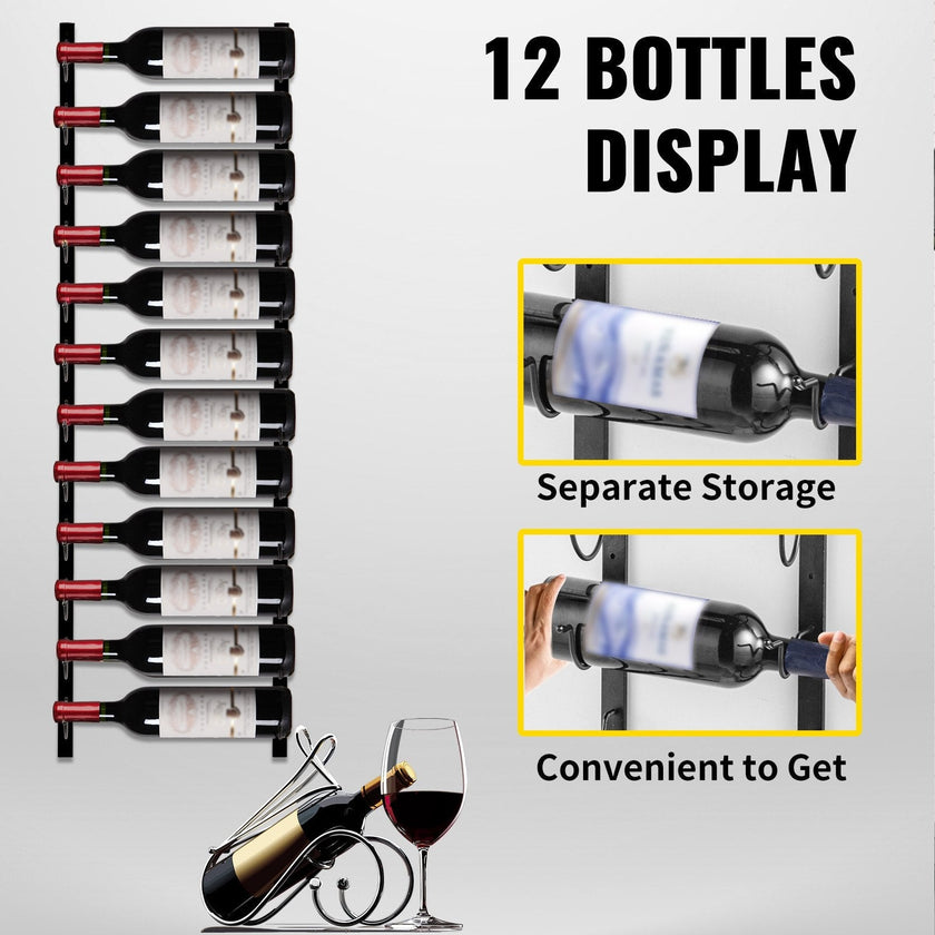 VEVOR Wall Mounted Wine Rack, 12 Bottles Wine Holder Towel Rack, Black Steel Vertical Wine Rack, Modern Decorative Wall Mounted Wine Bottle Holder, Forward Design Simple Storage Wall Rack 48x6x1 in