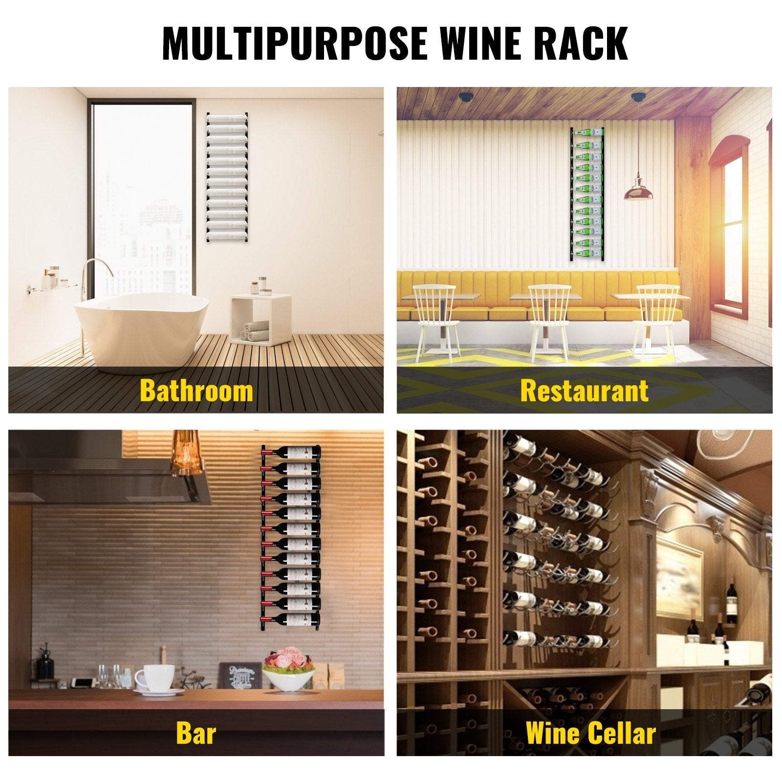 VEVOR Wall Mounted Wine Rack, 12 Bottles Wine Holder Towel Rack, Black Steel Vertical Wine Rack, Modern Decorative Wall Mounted Wine Bottle Holder, Forward Design Simple Storage Wall Rack 48x6x1 in
