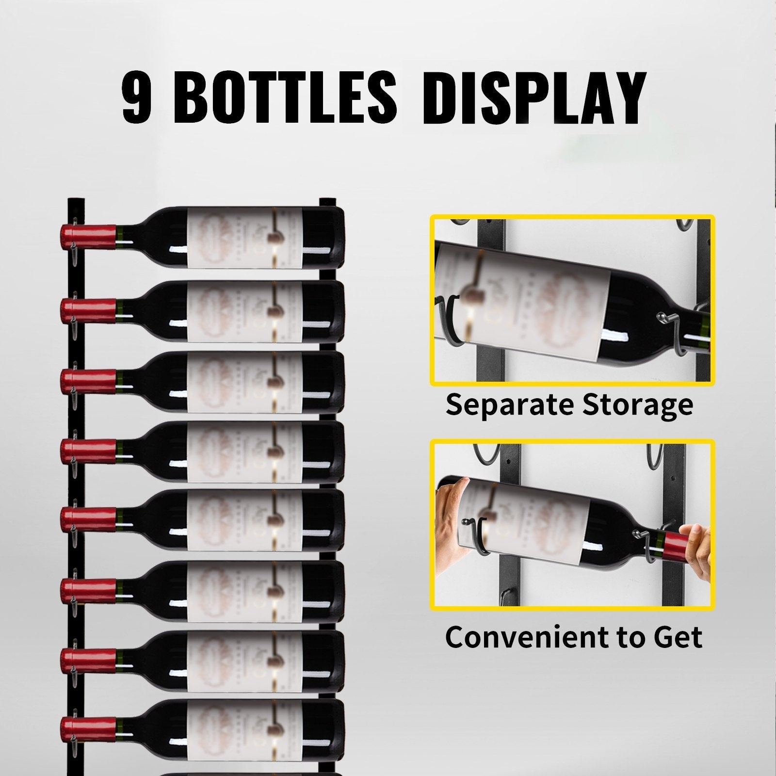 VEVOR Wall Mounted Wine Rack, 9 Bottles Wine Holder Towel Rack, Black Steel Vertical Wine Rack, Modern Decorative Wall Mounted Wine Bottle Holder, Forward Design Simple Storage Wall Rack 35 x 6 x 1 In