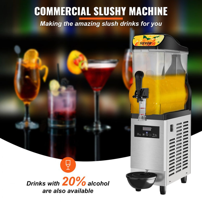 VEVOR Commercial Slushy Machine, 12L / 3.2 Gal Single Bowl, 24 Cups Output, 110V 550W Stainless Steel Margarita Smoothie Frozen Drink Maker, Slushie Machine for Party Cafes Restaurants Bars Home Use