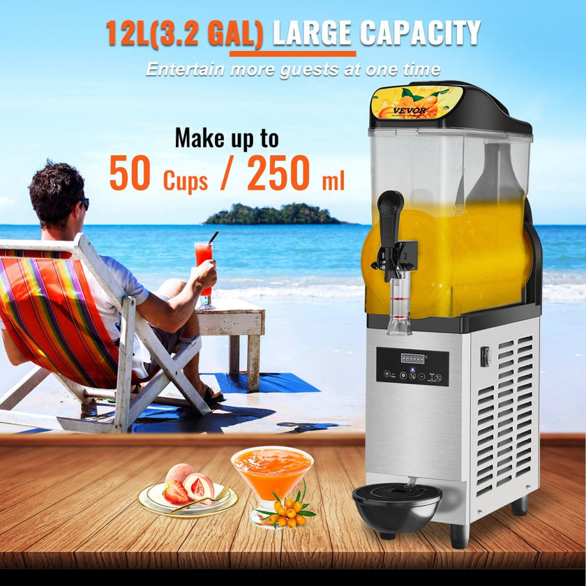 VEVOR Commercial Slushy Machine, 12L / 3.2 Gal Single Bowl, 24 Cups Output, 110V 550W Stainless Steel Margarita Smoothie Frozen Drink Maker, Slushie Machine for Party Cafes Restaurants Bars Home Use