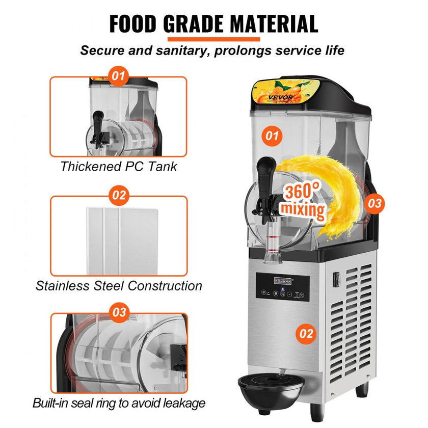VEVOR Commercial Slushy Machine, 12L / 3.2 Gal Single Bowl, 24 Cups Output, 110V 550W Stainless Steel Margarita Smoothie Frozen Drink Maker, Slushie Machine for Party Cafes Restaurants Bars Home Use