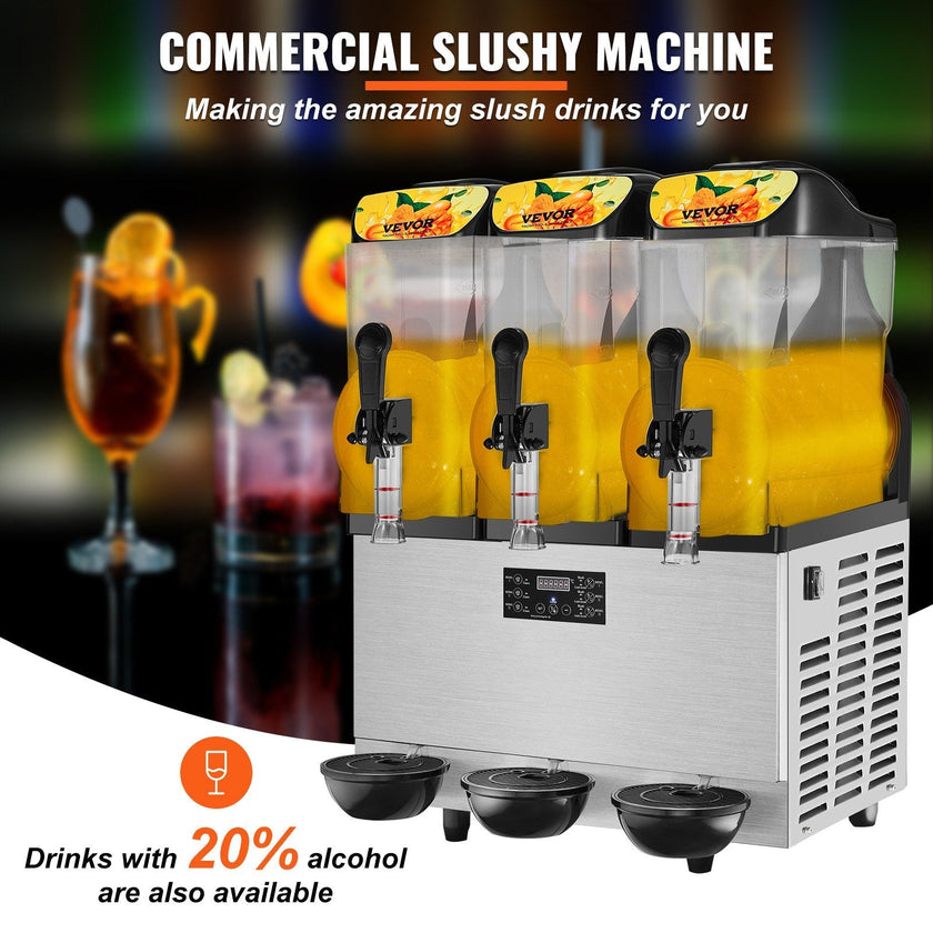 VEVOR Commercial Slushy Machine, 3 x 12L / 3.2 Gal Triple Bowl, 72 Cups Output, 110V 1300W Stainless Steel Margarita Smoothie Frozen Drink Maker, Slushie Machine for Party Cafe Restaurant Bar Home Use
