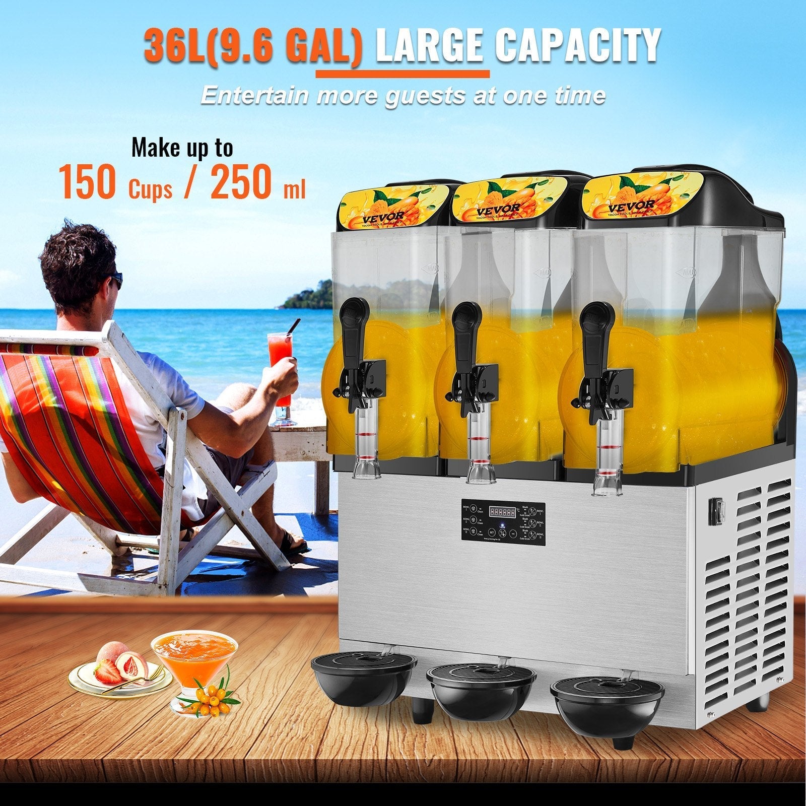 VEVOR Commercial Slushy Machine, 3 x 12L / 3.2 Gal Triple Bowl, 72 Cups Output, 110V 1300W Stainless Steel Margarita Smoothie Frozen Drink Maker, Slushie Machine for Party Cafe Restaurant Bar Home Use