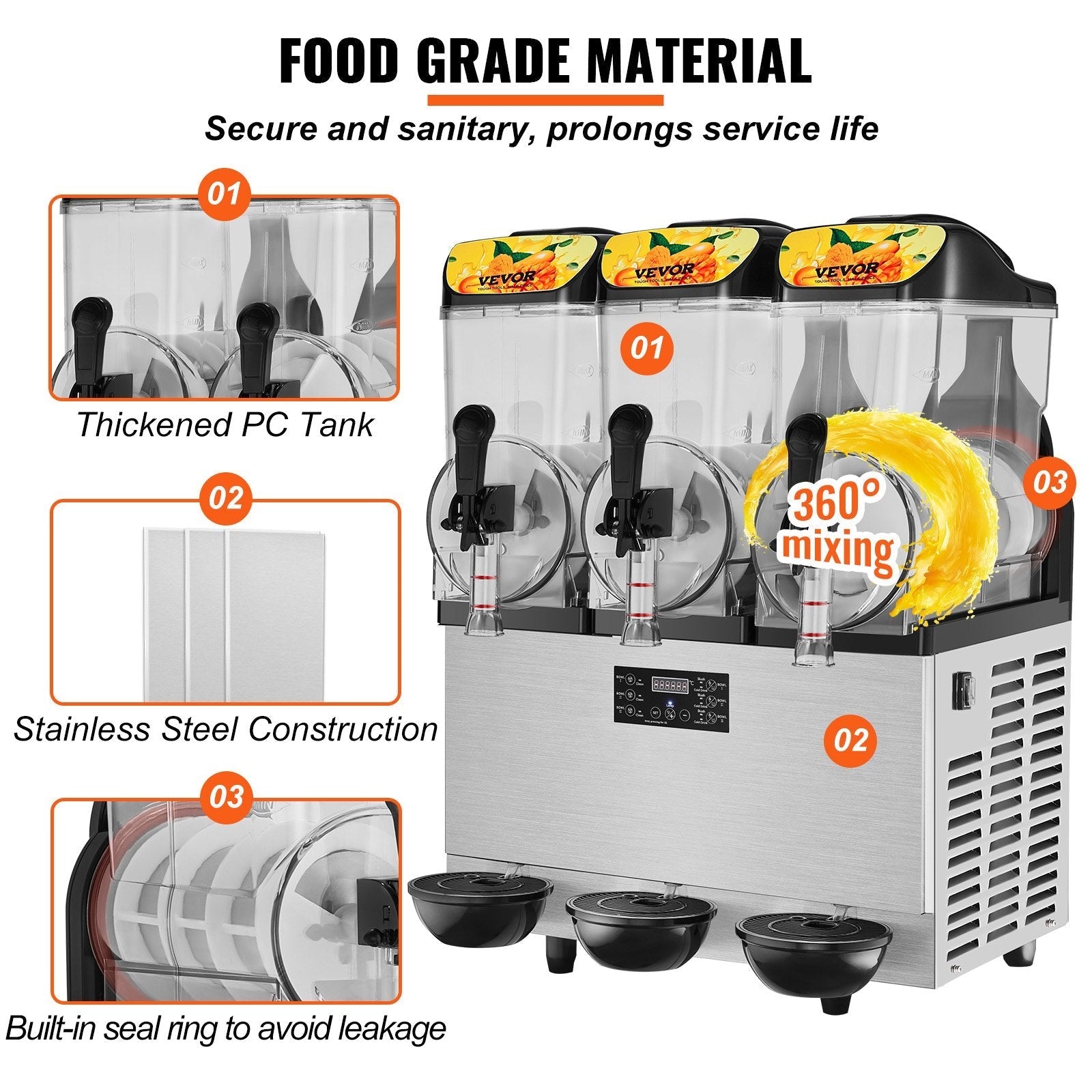 VEVOR Commercial Slushy Machine, 3 x 12L / 3.2 Gal Triple Bowl, 72 Cups Output, 110V 1300W Stainless Steel Margarita Smoothie Frozen Drink Maker, Slushie Machine for Party Cafe Restaurant Bar Home Use