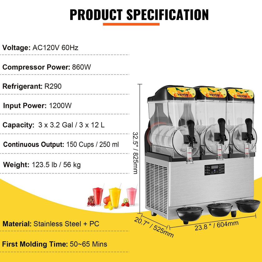 VEVOR Commercial Slushy Machine, 3 x 12L / 3.2 Gal Triple Bowl, 72 Cups Output, 110V 1300W Stainless Steel Margarita Smoothie Frozen Drink Maker, Slushie Machine for Party Cafe Restaurant Bar Home Use