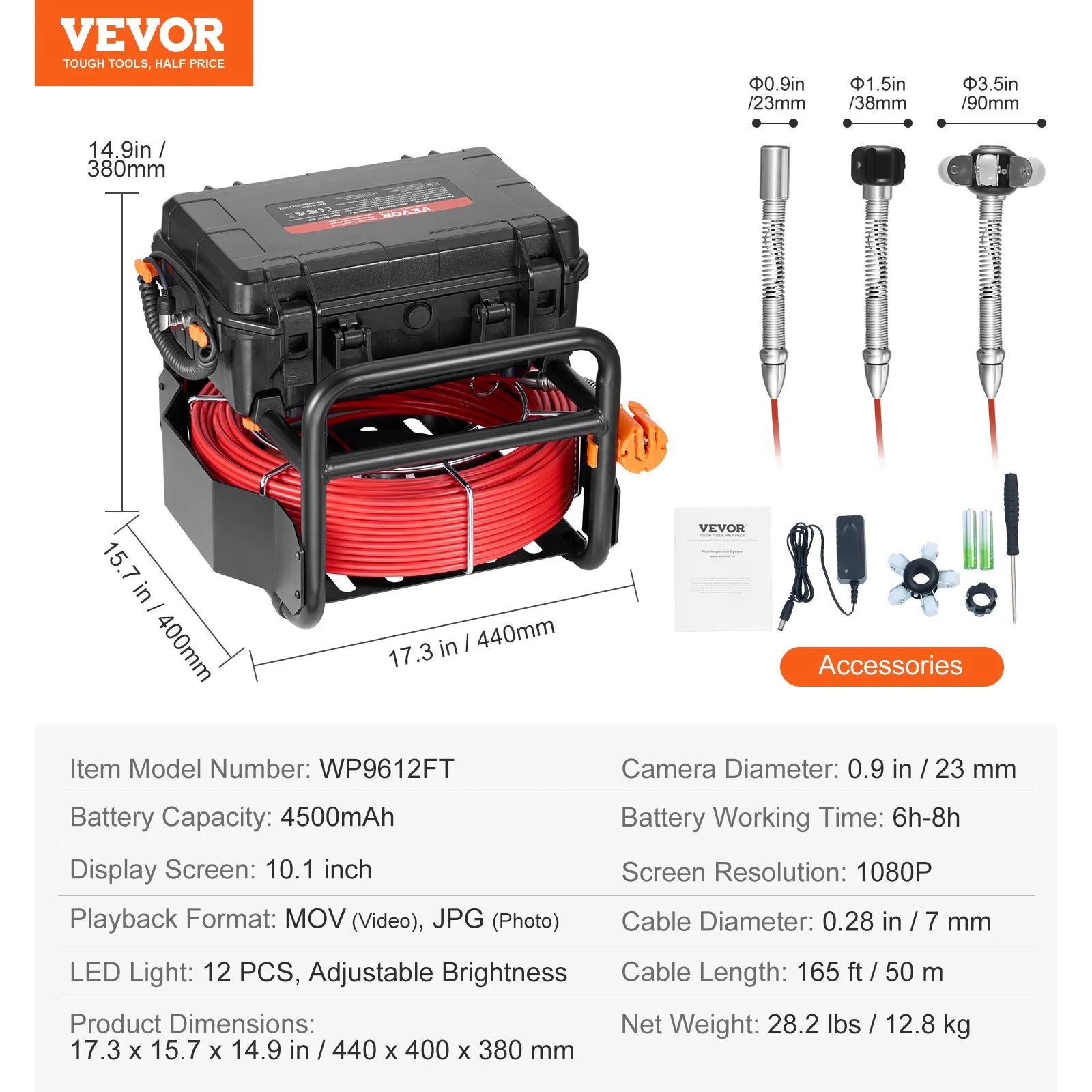 VEVOR Sewer Camera 165 ft/50m Self-Leveling Drain Camera with 10.1
