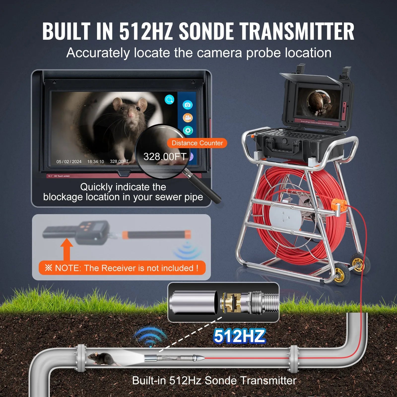 VEVOR Sewer Camera 328 ft/100m Self-Leveling Drain Camera with 10.1