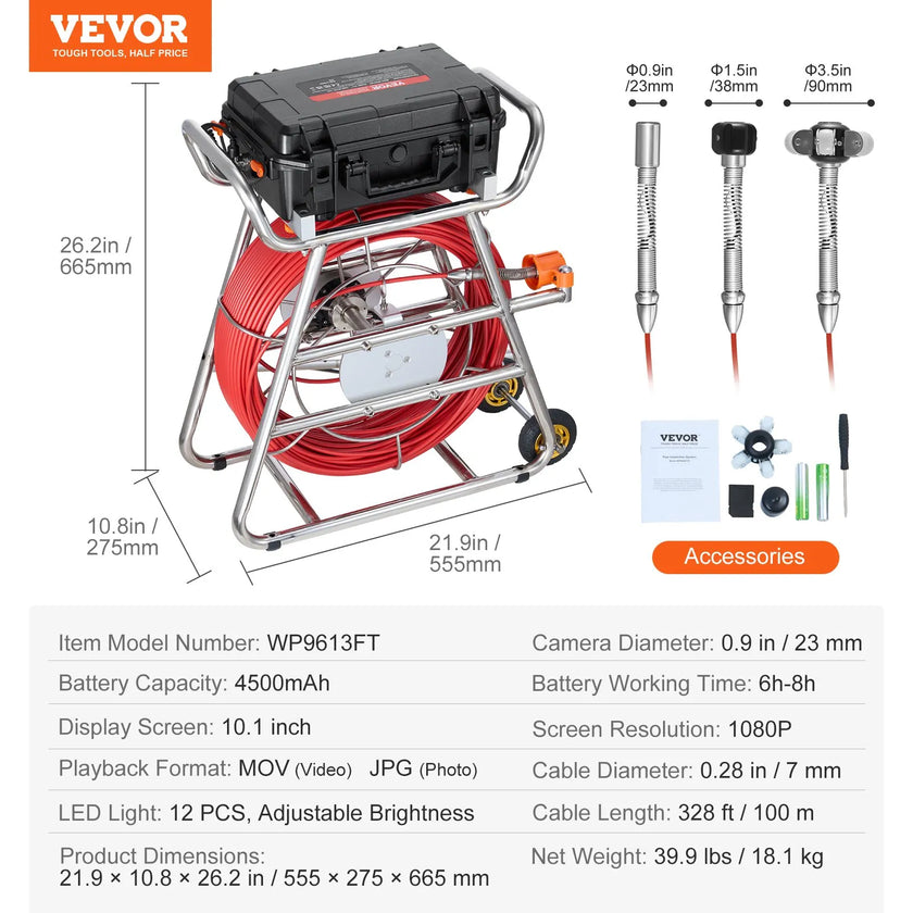 VEVOR Sewer Camera 328 ft/100m Self-Leveling Drain Camera with 10.1