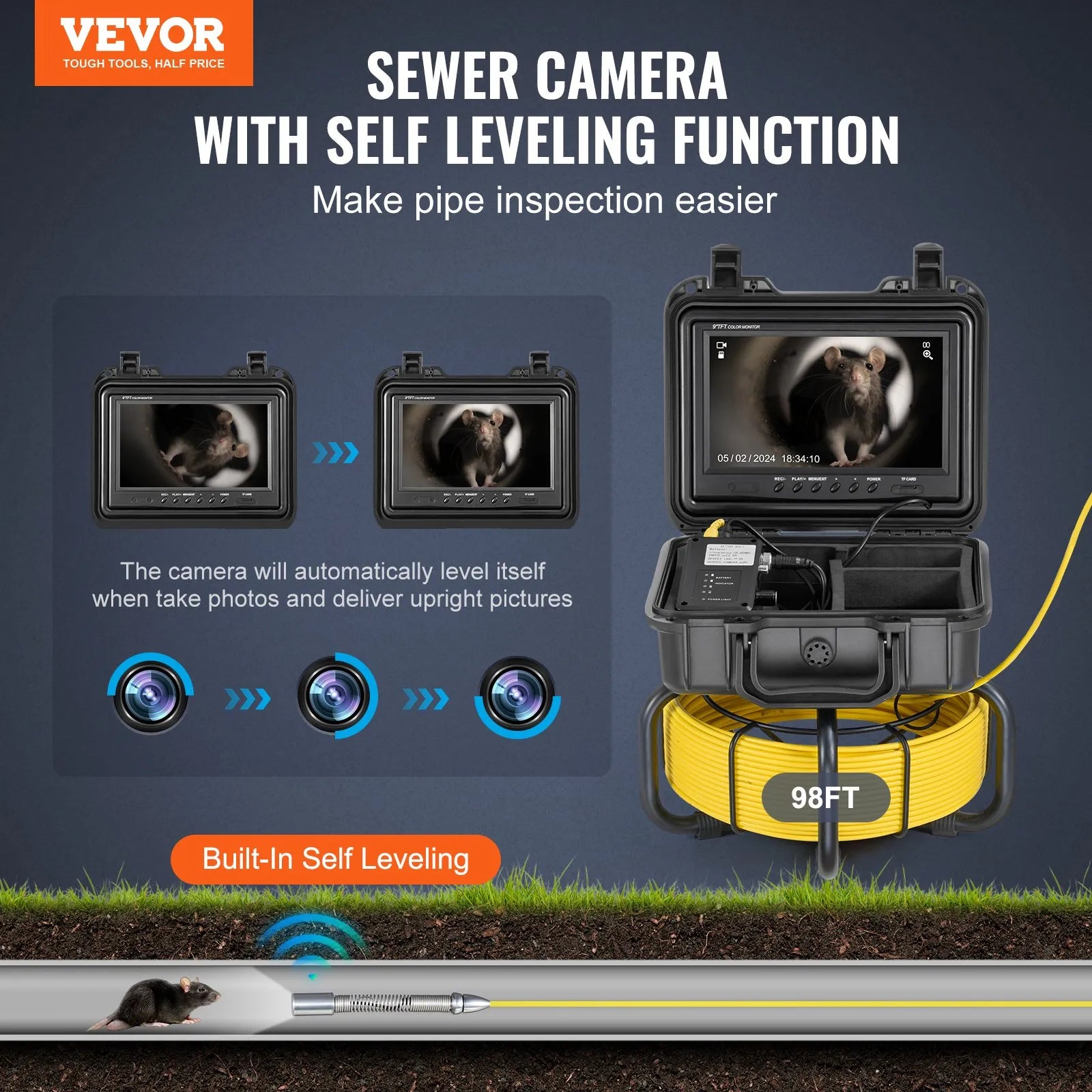 VEVOR Sewer Camera 98 ft/30m Self-Leveling Drain Camera with 9